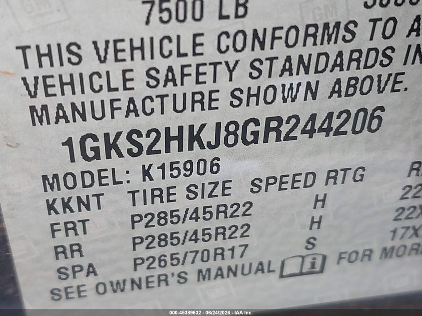 2016 Gmc Yukon VIN 1GKS2HKJ8GR244206 IAAI salvage auction — ROLLOVER, Salvage (New Jersey), sold $4,500 on 2026-08-26 (photo 9)