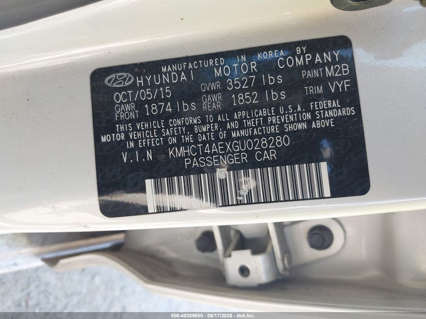 2016 Hyundai Accent VIN KMHCT4AEXGU028280 IAAI salvage auction — LEFT FRONT, Bill Of Sale (Washington), sold $1,000 on 2026-07-08 (photo 9)