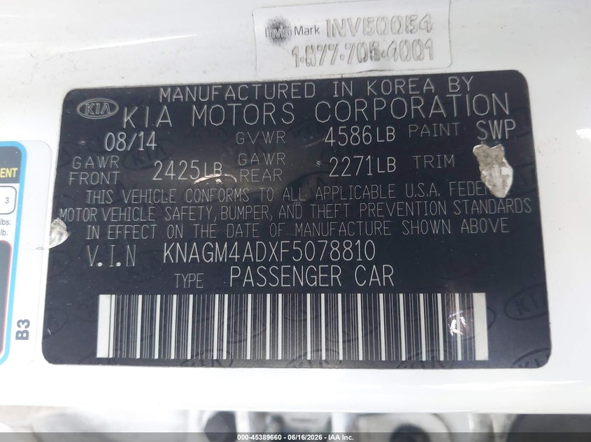 2015 Kia Optima VIN KNAGM4ADXF5078810 IAAI salvage auction — UNDERCARRIAGE, Salvage (Arizona), sold $1,500 on 2026-07-07 (photo 9)