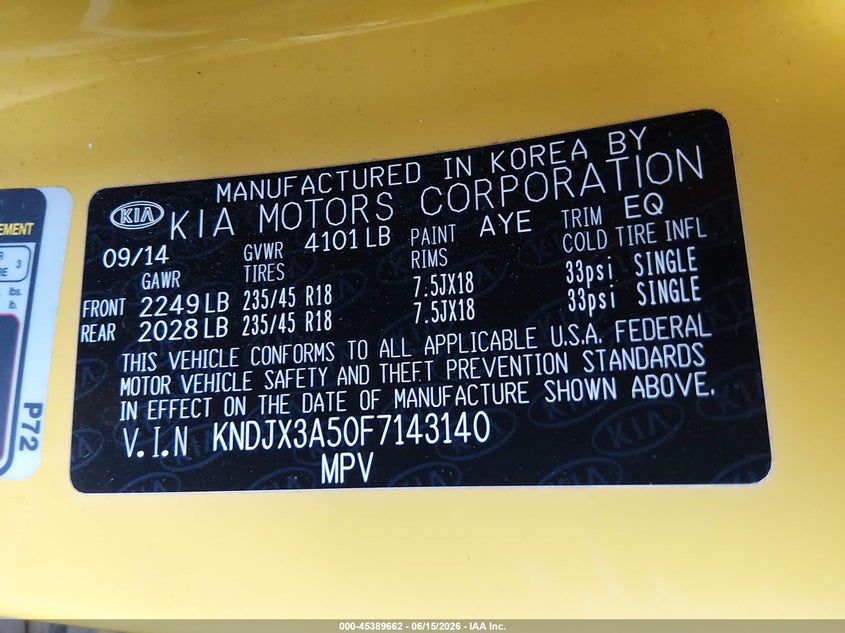 2015 Kia Soul VIN KNDJX3A50F7143140 IAAI salvage auction — LEFT FRONT, Salvage (Arizona), sold $1,800 on 2026-07-07 (photo 9)