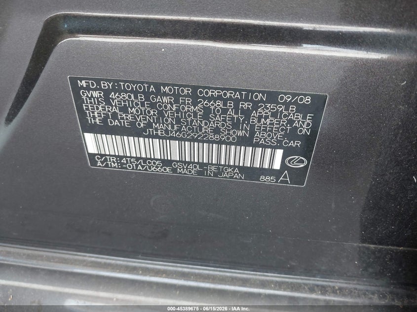 2009 Lexus Es 350 VIN JTHBJ46G292288900 IAAI salvage auction — NORMAL WEAR, Clear (Florida), sold $875 on 2026-07-29 (photo 9)
