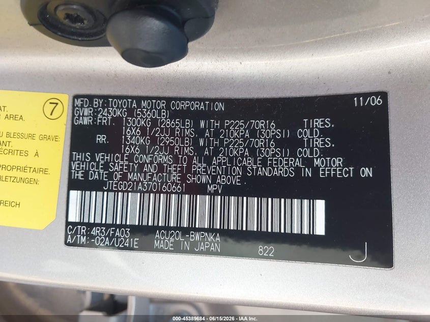 2007 Toyota Highlander VIN JTEGD21A370160661 IAAI salvage auction — NORMAL WEAR, Clear - Dealer Only (California), sold $900 on 2026-07-09 (photo 9)