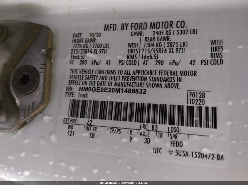 2021 Ford Transit connect VIN NM0GE9E20M1488832 IAAI salvage auction — FRONT END, Sf97 (Alaska), sold $12,175 on 2026-07-07 (photo 9)