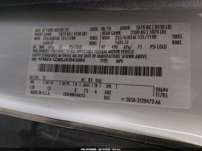 2018 Ford Transit 150 VIN 1FMZK1ZM0JKB43089 IAAI salvage auction — RIGHT SIDE, Sf97 (Alaska), sold $22,500 on 2026-07-07 (photo 9)