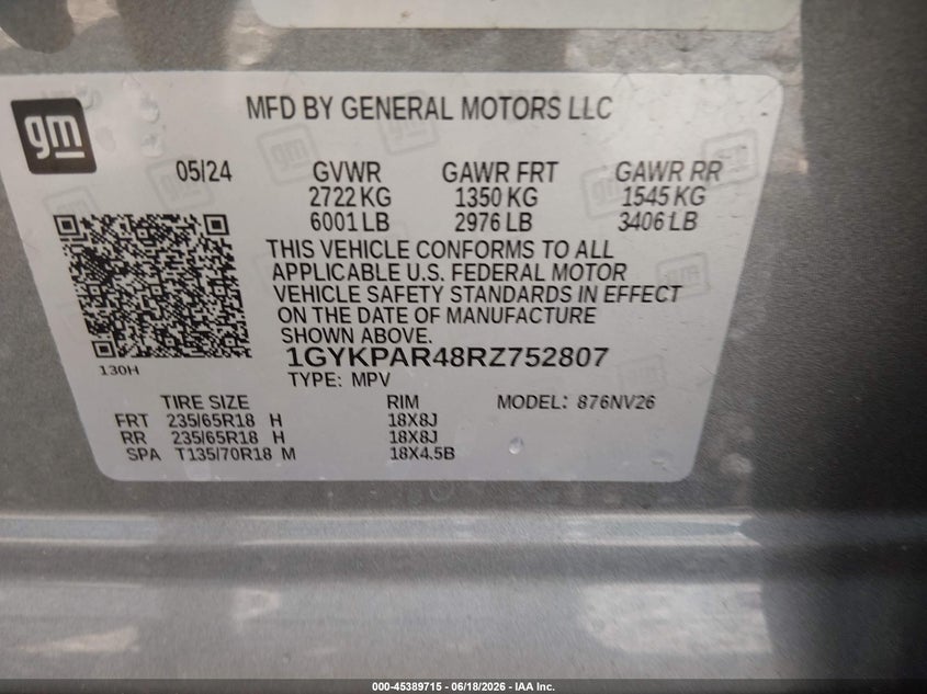 2024 Cadillac Xt6 VIN 1GYKPAR48RZ752807 IAAI salvage auction — FRONT END, Salvage (Louisiana), sold $13,325 on 2026-07-22 (photo 9)