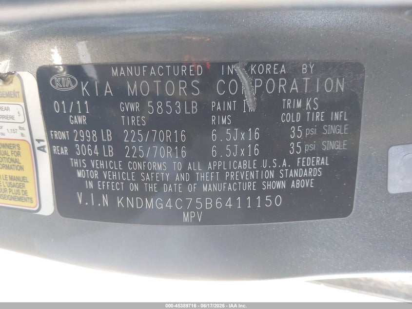 2011 Kia SEDONA VIN KNDMG4C75B6411150 IAAI salvage auction — NORMAL WEAR, Clear - Dealer Only (California), sold $400 on 2026-07-08 (photo 9)