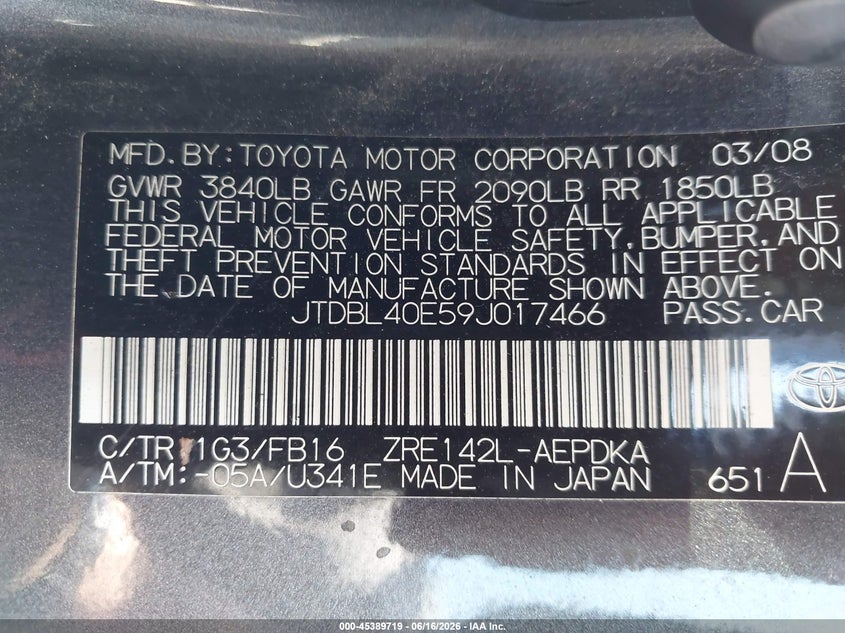 2009 Toyota Corolla VIN JTDBL40E59J017466 IAAI salvage auction — FRONT END, Salvage (California), sold $1,000 on 2026-07-08 (photo 9)