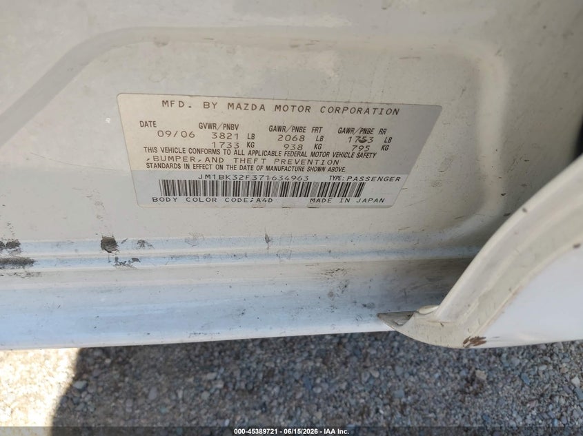 2007 Mazda 3 VIN JM1BK32F371634963 IAAI salvage auction — SIDE, Clear (Arizona), sold $500 on 2026-07-16 (photo 9)