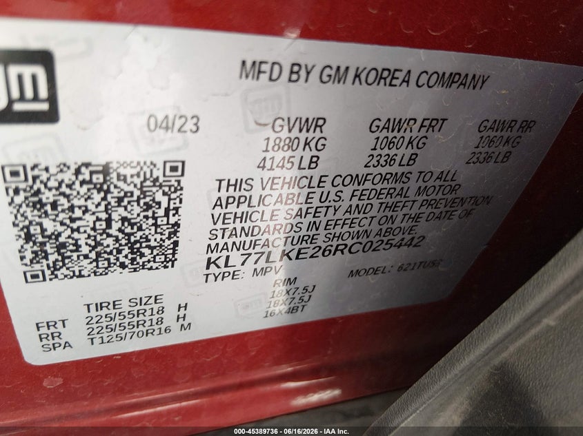 2024 Chevrolet Trax VIN KL77LKE26RC025442 IAAI salvage auction — FRONT END, Salvage (Arizona), sold $3,050 on 2026-07-28 (photo 9)