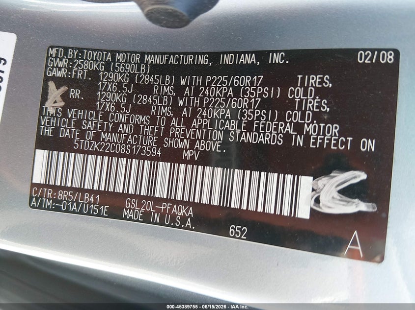 2008 Toyota Sienna VIN 5TDZK22C08S173594 IAAI salvage auction — NORMAL WEAR, Clear (Tennessee), sold $675 on 2026-07-16 (photo 9)