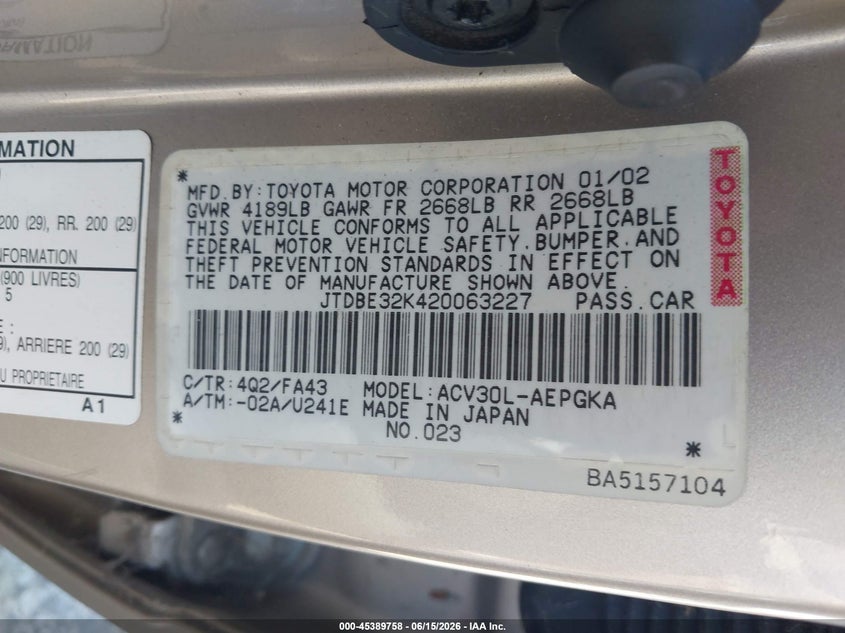 2002 Toyota Camry VIN JTDBE32K420063227 IAAI salvage auction — NORMAL WEAR, Clear - Dealer Only (California), sold $600 on 2026-07-09 (photo 9)