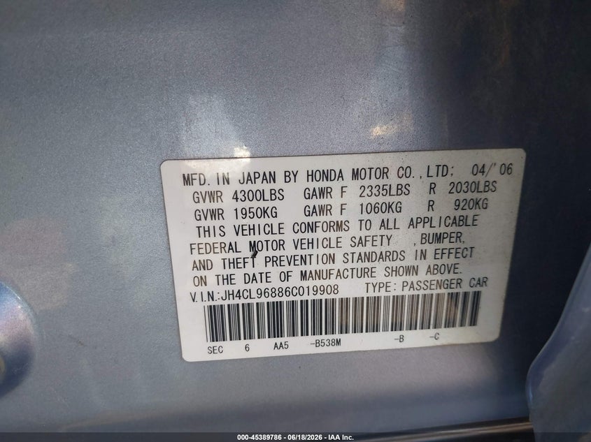 2006 Acura Tsx VIN JH4CL96886C019908 IAAI salvage auction — RIGHT FRONT, Salvage (Arizona), sold $500 on 2026-07-14 (photo 9)