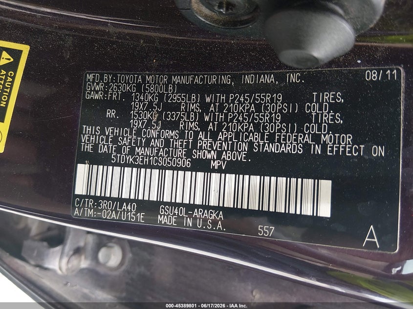 2012 Toyota Highlander VIN 5TDYK3EH1CS050906 IAAI salvage auction — NORMAL WEAR, Repossession Paperwork (Georgia), sold $4,525 on 2026-07-31 (photo 9)