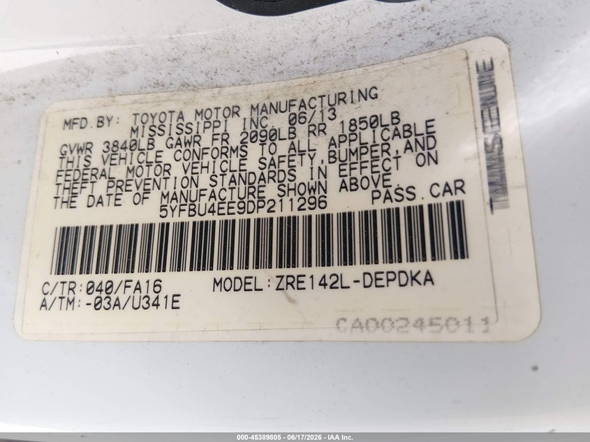 2013 Toyota Corolla VIN 5YFBU4EE9DP211296 IAAI salvage auction — NORMAL WEAR, Original (Texas), sold $1,100 on 2026-07-29 (photo 9)