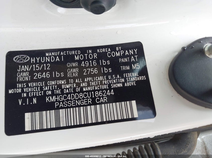 2012 Hyundai Genesis VIN KMHGC4DD8CU186244 IAAI salvage auction — LEFT FRONT, Original (Texas), sold $475 on 2026-07-15 (photo 9)