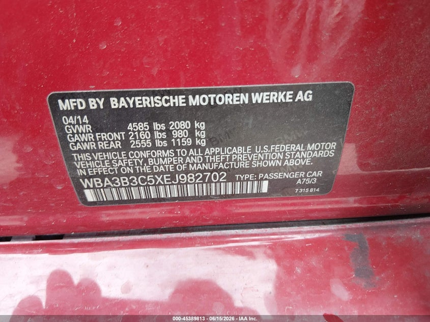2014 BMW 3 series VIN WBA3B3C5XEJ982702 IAAI salvage auction — NORMAL WEAR, Original (Texas), sold $1,000 on 2026-07-06 (photo 9)