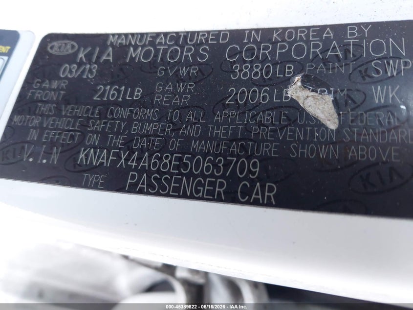 2014 Kia Forte VIN KNAFX4A68E5063709 IAAI salvage auction — RIGHT FRONT, Clear (Florida), sold $1,100 on 2026-07-15 (photo 9)