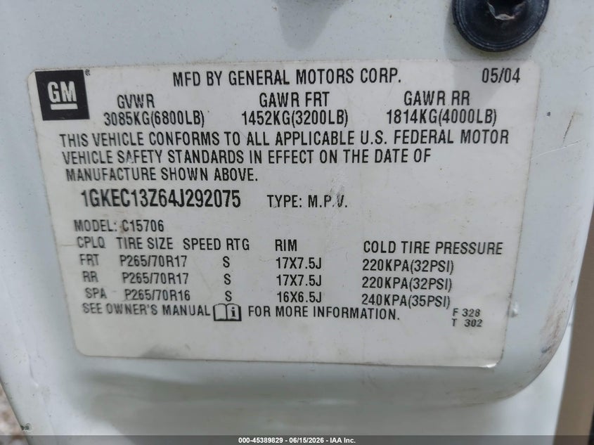 2004 Gmc Yukon VIN 1GKEC13Z64J292075 IAAI salvage auction — NORMAL WEAR, Clear (Alabama), sold $900 on 2026-07-10 (photo 9)
