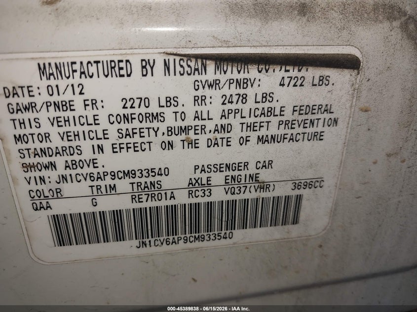 2012 Infiniti G37 VIN JN1CV6AP9CM933540 IAAI salvage auction — SIDE, Repossession Paperwork (Georgia), sold $700 on 2026-07-22 (photo 9)