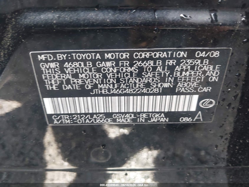 2008 Lexus Es 350 VIN JTHBJ46G482240281 IAAI salvage auction — LEFT & RIGHT, Repossession Paperwork (Georgia), sold $825 on 2026-07-07 (photo 9)