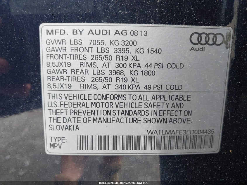 2014 Audi Q7 VIN WA1LMAFE3ED004435 IAAI salvage auction — NORMAL WEAR, Clear (New York), sold $575 on 2026-07-23 (photo 9)