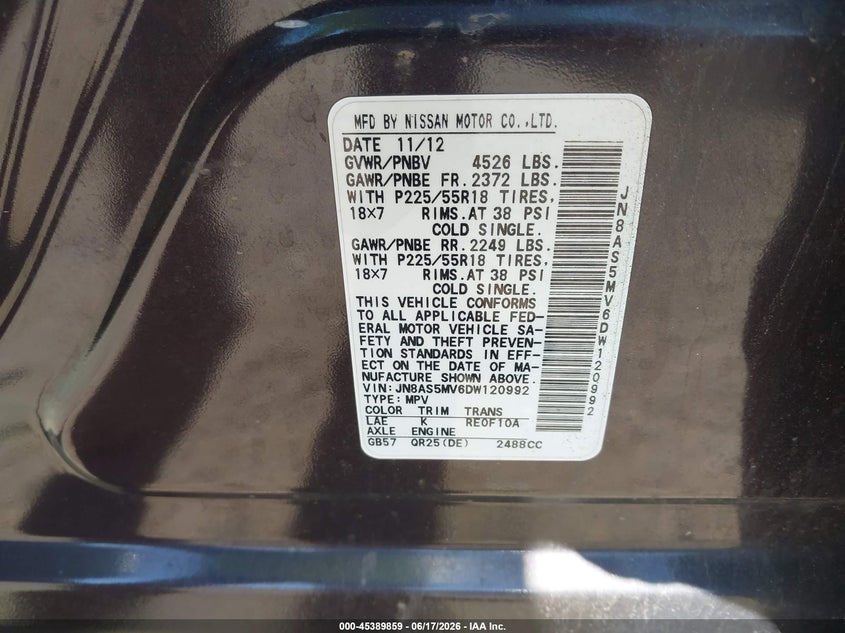 2013 Nissan Rogue VIN JN8AS5MV6DW120992 IAAI salvage auction — NORMAL WEAR, Clear (Massachusetts), sold $425 on 2026-07-31 (photo 9)