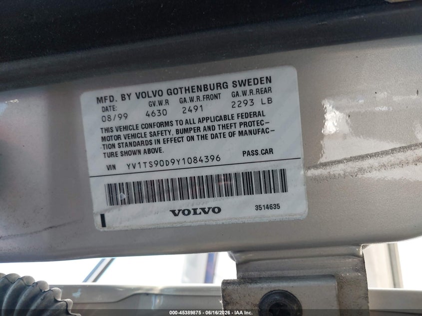 2000 Volvo S80 VIN YV1TS90D9Y1084396 IAAI salvage auction — NORMAL WEAR, Clear (New York), sold $400 on 2026-07-30 (photo 9)