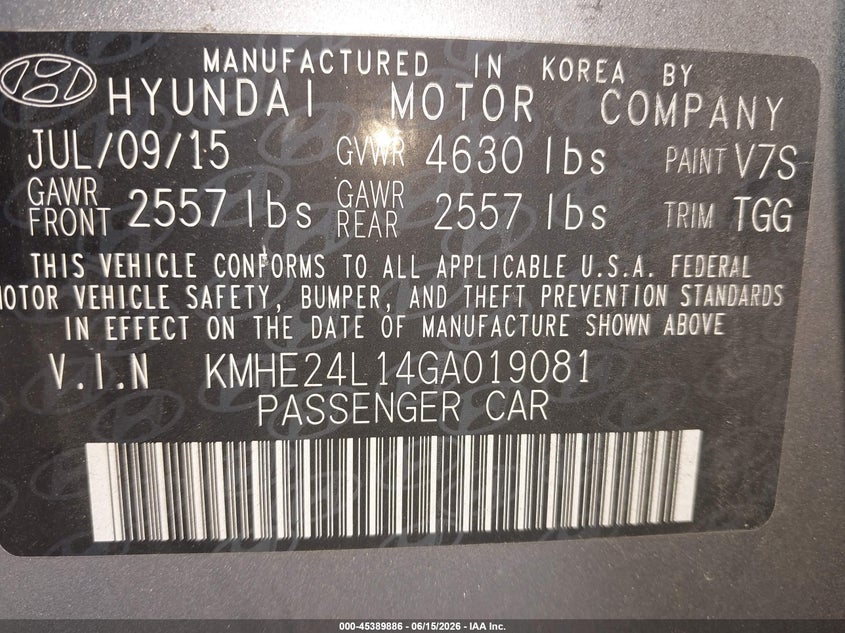 2016 Hyundai Sonata VIN KMHE24L14GA019081 IAAI salvage auction — NORMAL WEAR, Clear (Florida), sold $700 on 2026-07-28 (photo 9)