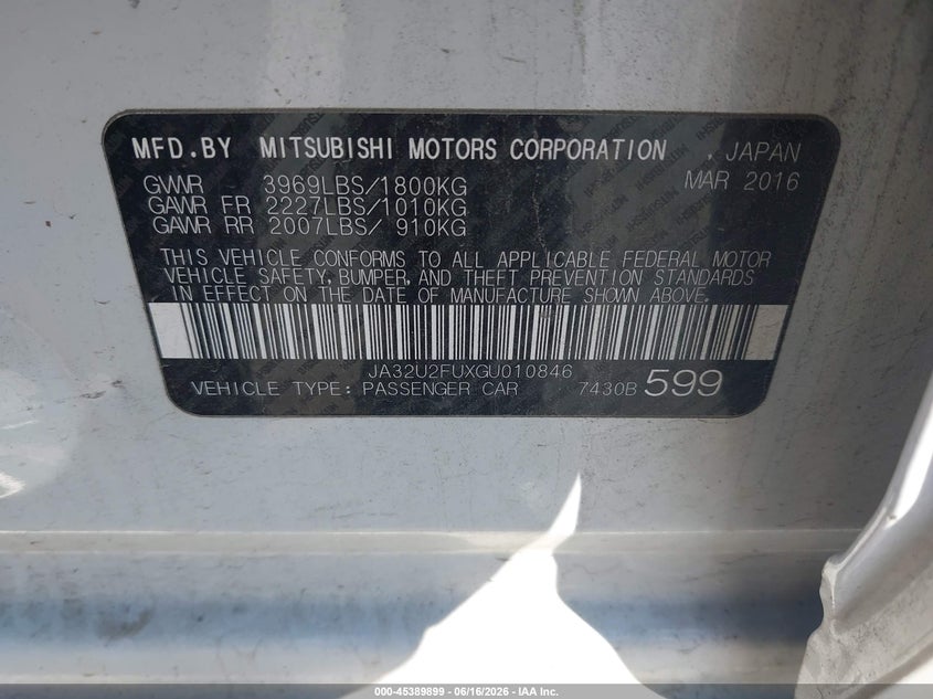 2016 Mitsubishi Lancer VIN JA32U2FUXGU010846 IAAI salvage auction — FRONT END, Salvage (Pennsylvania), sold $625 on 2026-07-10 (photo 9)