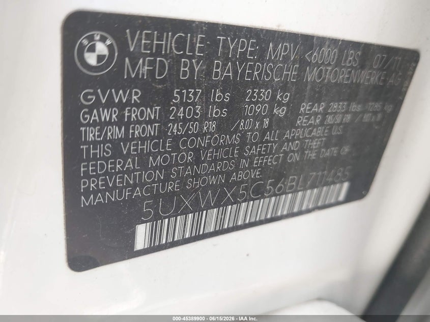 2011 BMW X3 VIN 5UXWX5C56BL711485 IAAI salvage auction — NORMAL WEAR, Clear (Indiana), sold $125 on 2026-07-29 (photo 9)