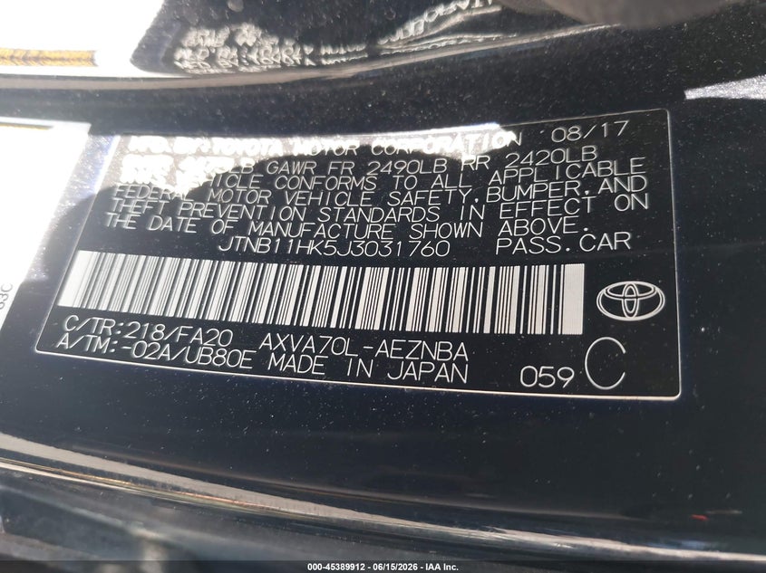 2018 Toyota Camry VIN JTNB11HK5J3031760 IAAI salvage auction — NORMAL WEAR, Clear (New York), sold $3,750 on 2026-07-21 (photo 9)