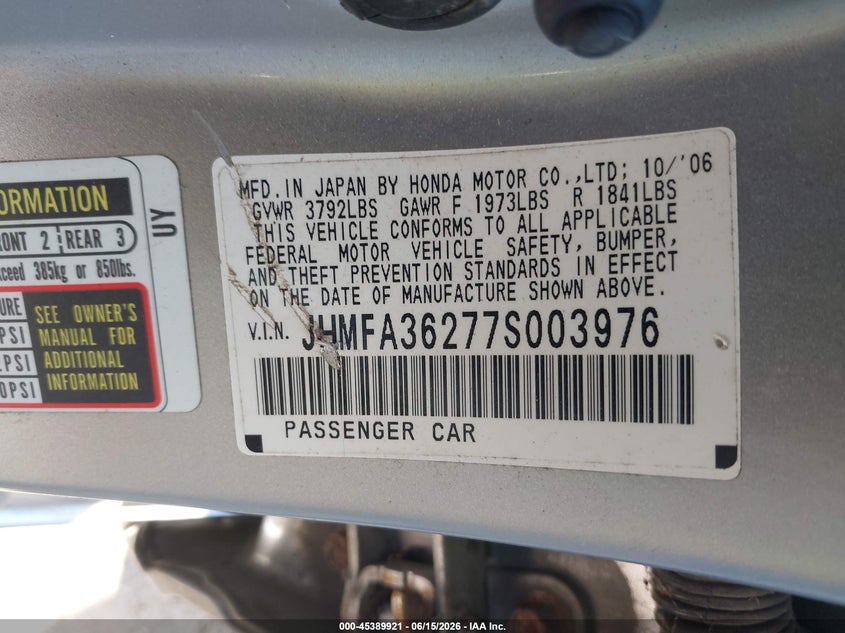 2007 Honda Civic hybrid VIN JHMFA36277S003976 IAAI salvage auction — NORMAL WEAR, Clear (Indiana), sold $350 on 2026-07-22 (photo 9)