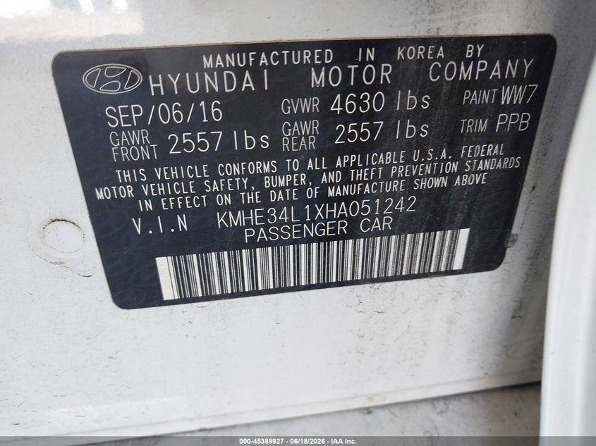 2017 Hyundai Sonata VIN KMHE34L1XHA051242 IAAI salvage auction — LEFT SIDE, Rebuildable (Florida), sold $1,500 on 2026-07-23 (photo 9)