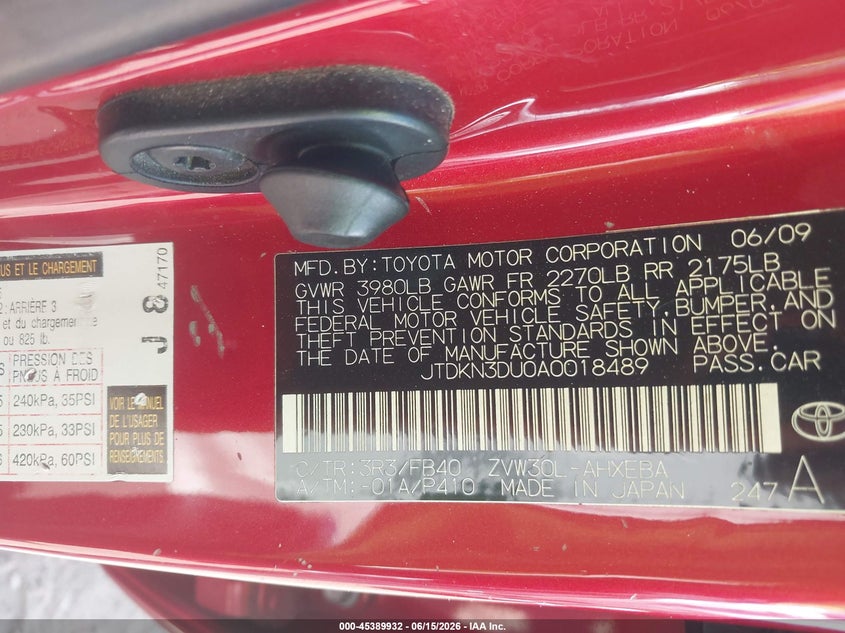 2010 Toyota Prius VIN JTDKN3DU0A0018489 IAAI salvage auction — NORMAL WEAR, Clear-Dealer Only (Arizona), sold $925 on 2026-07-28 (photo 9)