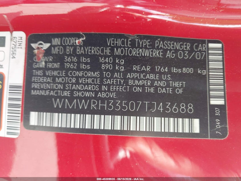 2007 Mini Cooper VIN WMWRH33507TJ43688 IAAI salvage auction — NORMAL WEAR, Clear-Dealer Only (North Carolina), sold $775 on 2026-07-13 (photo 9)