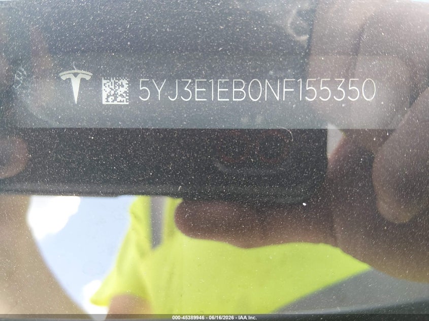 2022 Tesla Model 3 VIN 5YJ3E1EB0NF155350 IAAI salvage auction — RIGHT SIDE, Salvage Title, sold $9,300 on 2026-07-28 (photo 9)
