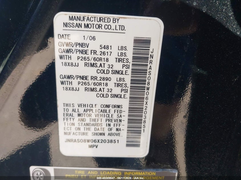 2006 Infiniti Fx35 VIN JNRAS08W06X203851 IAAI salvage auction — NORMAL WEAR, Clear (Massachusetts), sold $550 on 2026-07-24 (photo 9)