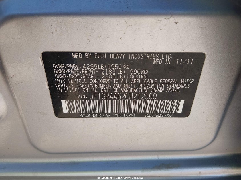 2012 Subaru Impreza VIN JF1GPAA62CH212560 IAAI salvage auction — NORMAL WEAR, Certificate Of Title (Nebraska), sold $1,000 on 2026-07-23 (photo 9)