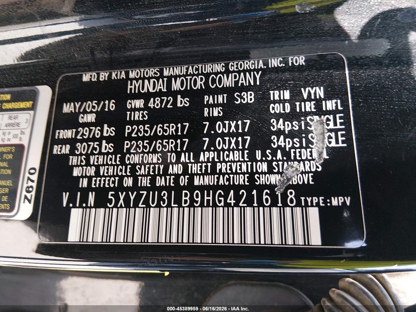 2017 Hyundai Santa fe VIN 5XYZU3LB9HG421618 IAAI salvage auction — NORMAL WEAR, Original (Texas), sold $4,425 on 2026-07-06 (photo 9)