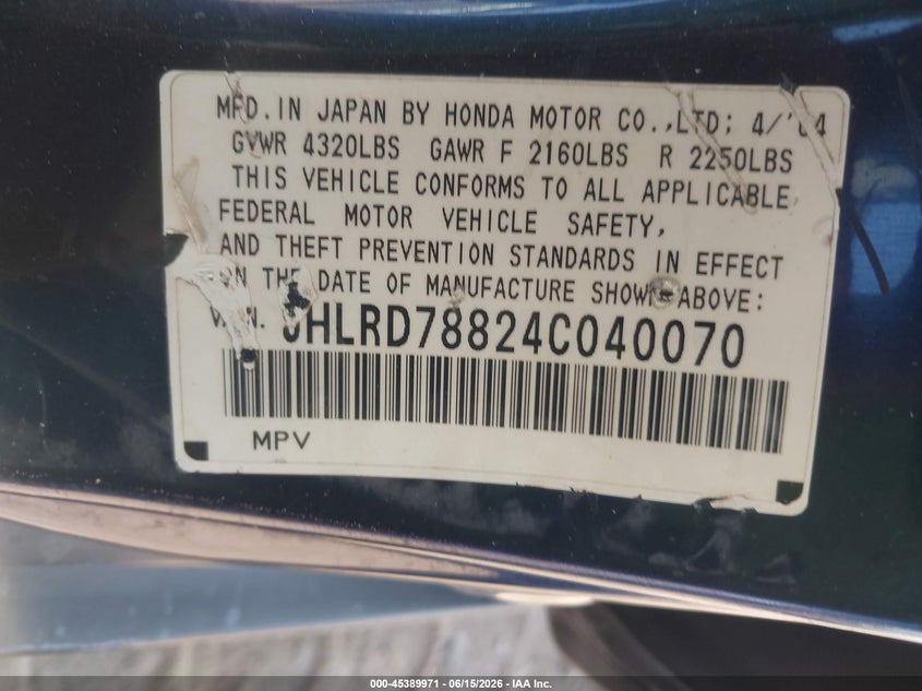 2004 Honda Cr-v VIN JHLRD78824C040070 IAAI salvage auction — NORMAL WEAR, Clear-Dealer Only (Arizona), sold $1,600 on 2026-07-14 (photo 9)