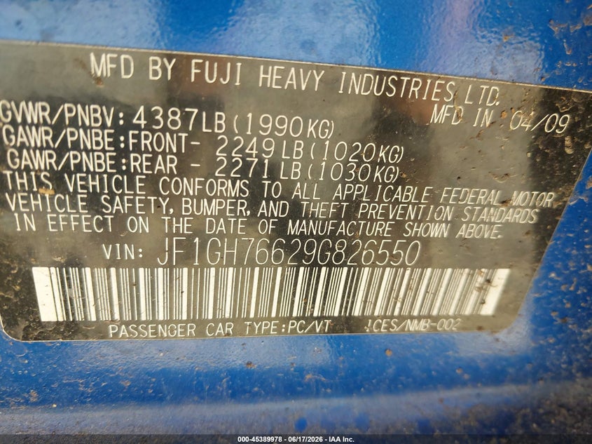 2009 Subaru Impreza VIN JF1GH76629G826550 IAAI salvage auction — NORMAL WEAR, Clear (Virginia), sold $300 on 2026-07-27 (photo 9)