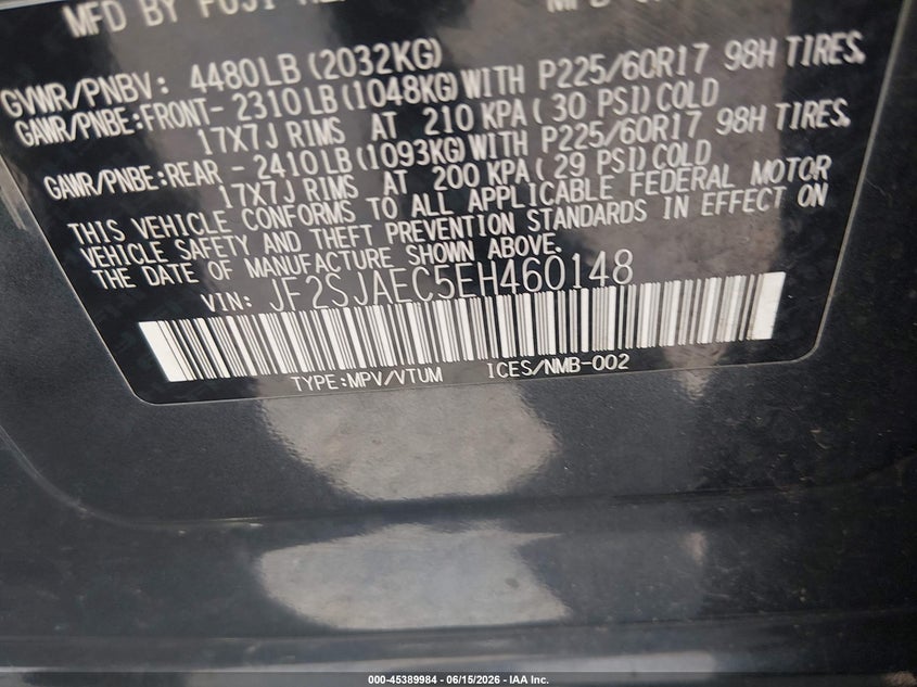 2014 Subaru Forester VIN JF2SJAEC5EH460148 IAAI salvage auction — NORMAL WEAR, Clear (Connecticut), sold $650 on 2026-07-30 (photo 9)