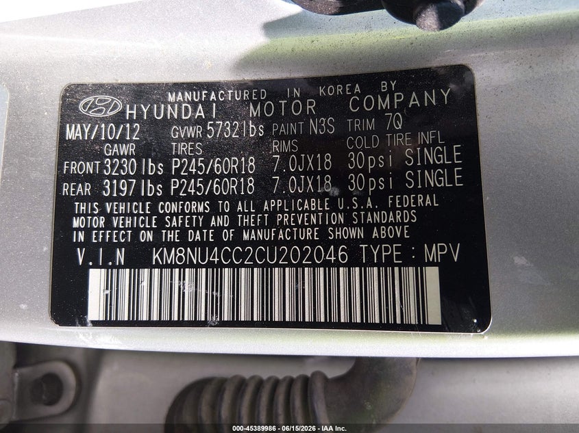 2012 Hyundai Veracruz VIN KM8NU4CC2CU202046 IAAI salvage auction — NORMAL WEAR, Regular (Nevada), sold $700 on 2026-07-17 (photo 9)