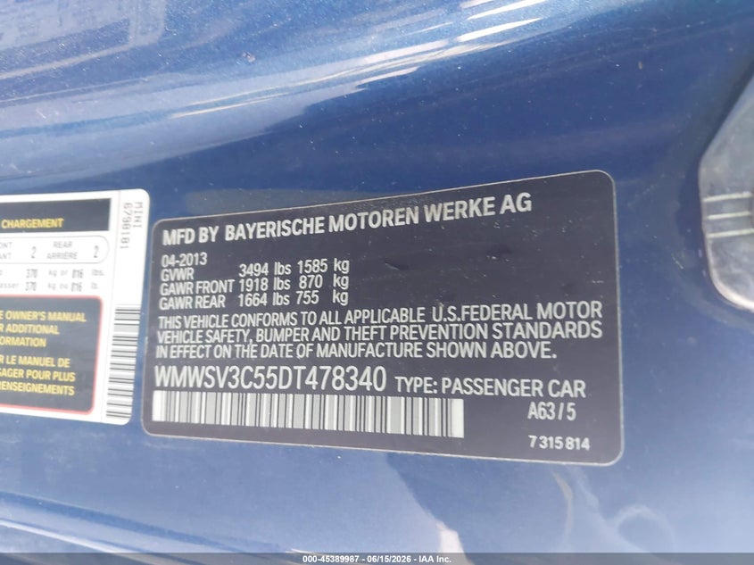 2013 Mini Hard top VIN WMWSV3C55DT478340 IAAI salvage auction — NORMAL WEAR, Clear (Georgia), sold $375 on 2026-07-22 (photo 9)
