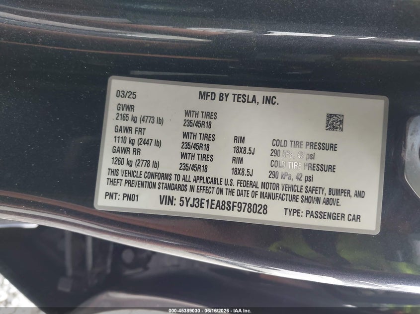 2025 Tesla Model 3 VIN 5YJ3E1EA8SF978028 IAAI salvage auction — REAR END, Bill Of Sale (Washington), sold $10,700 on 2026-07-15 (photo 9)