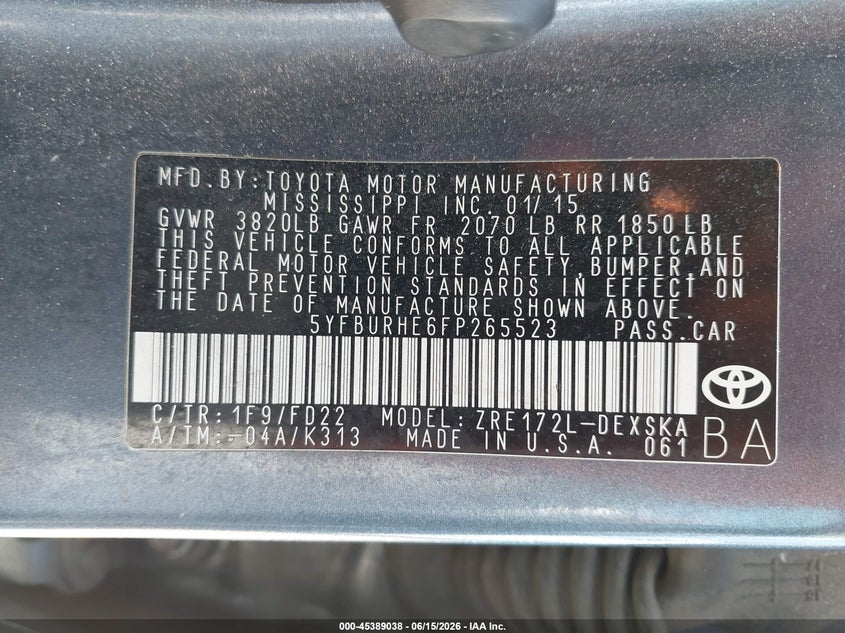 2015 Toyota Corolla VIN 5YFBURHE6FP265523 IAAI salvage auction — FRONT END, Salvage (California), sold $2,850 on 2026-07-07 (photo 9)