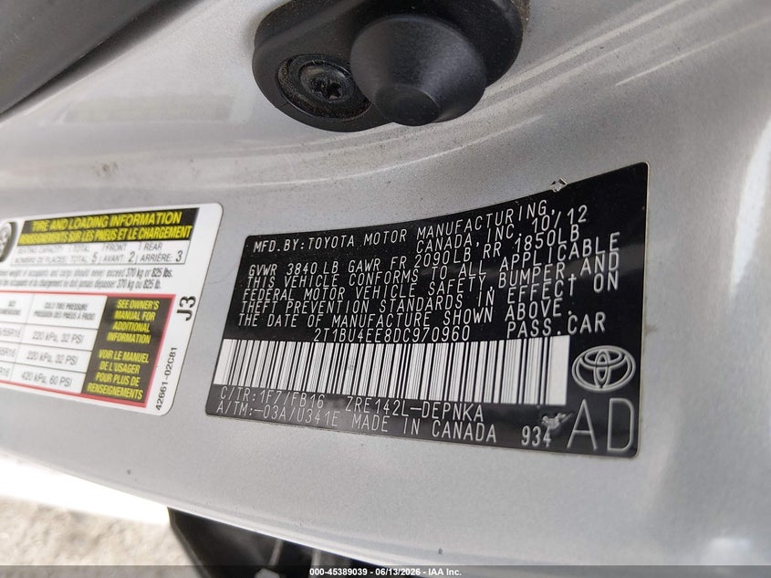 2013 Toyota Corolla VIN 2T1BU4EE8DC970960 IAAI salvage auction — NORMAL WEAR, Salvage (California), sold $775 on 2026-07-09 (photo 9)