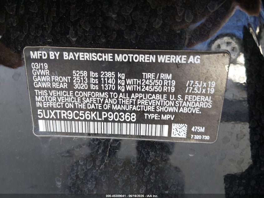2019 BMW X3 VIN 5UXTR9C56KLP90368 IAAI salvage auction — SIDE, Salvage (Virginia), sold $13,600 on 2026-07-16 (photo 9)