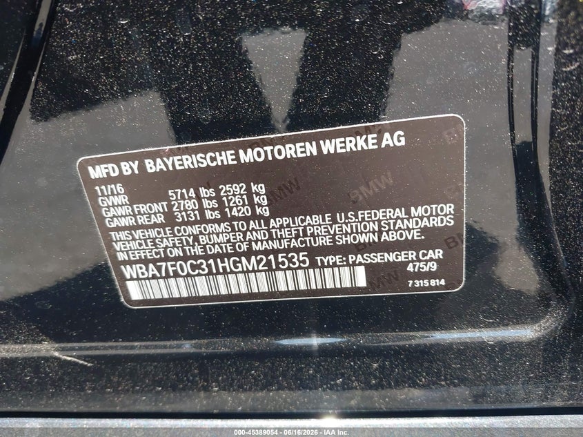2017 BMW 7er VIN WBA7F0C31HGM21535 IAAI salvage auction — RIGHT REAR, Salvage Certificate (California), sold $10,100 on 2026-07-10 (photo 9)