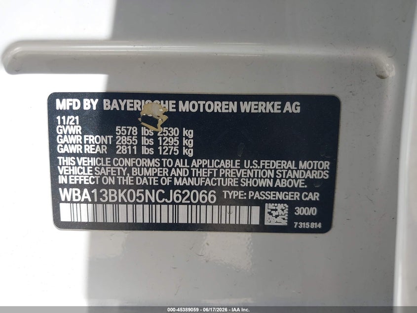 2022 BMW VIN WBA13BK05NCJ62066 IAAI salvage auction — FRONT & REAR, Wait Title, sold $12,750 on 2026-09-10 (photo 9)